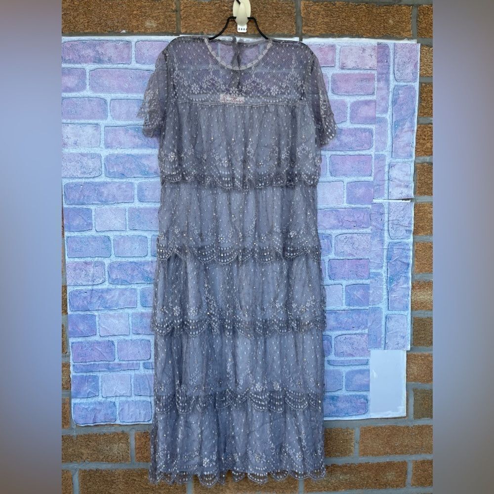 Vintage 1980s Rina Di Montella Silk with Tiered Lace and Rhinestones dress 10 - Picture 3 of 13